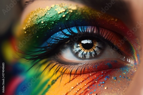 A woman's eye close-up with colorful makeup. Holi Concept. Generation AI