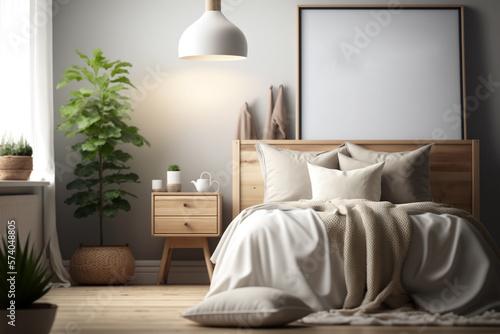 mockup bedroom in scandinavian style with natural wood, many plants healthy mindset made with Generative AI