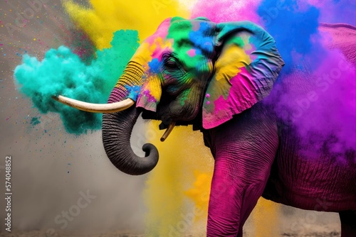Illustration of an elephant on a colorful background. Holi festival concept. AI generation