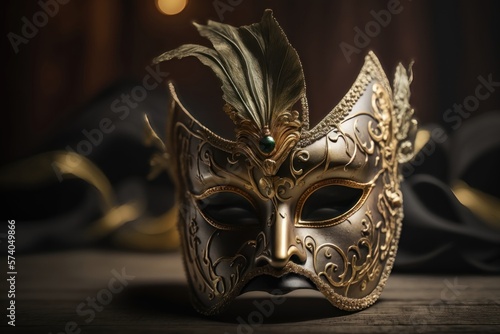 Carnival Venetian gold mask for the table. Madi gras, Puri. AI generation © yuliachupina