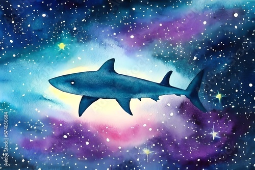 Fish in the night. watercolor painting. constellation. nebula background. Astrology. .watercolor portrait