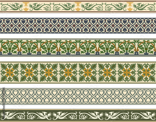 Decorative seamless borders, classic art. Mythical beast dragon. Baroque color sets. Pattern brushes included.