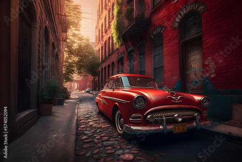 Red oldschool car parked in a small alley - generative ai