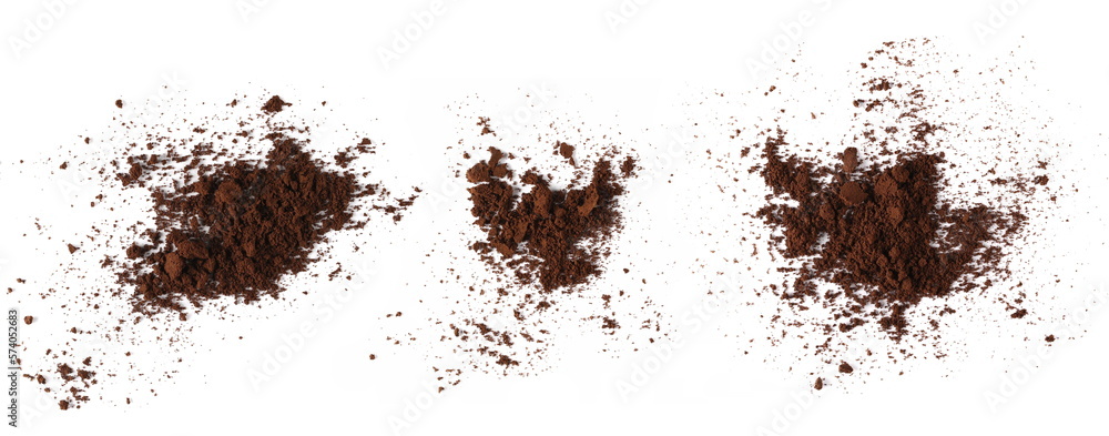 Set instant coffee powder pile isolated on white background, top view