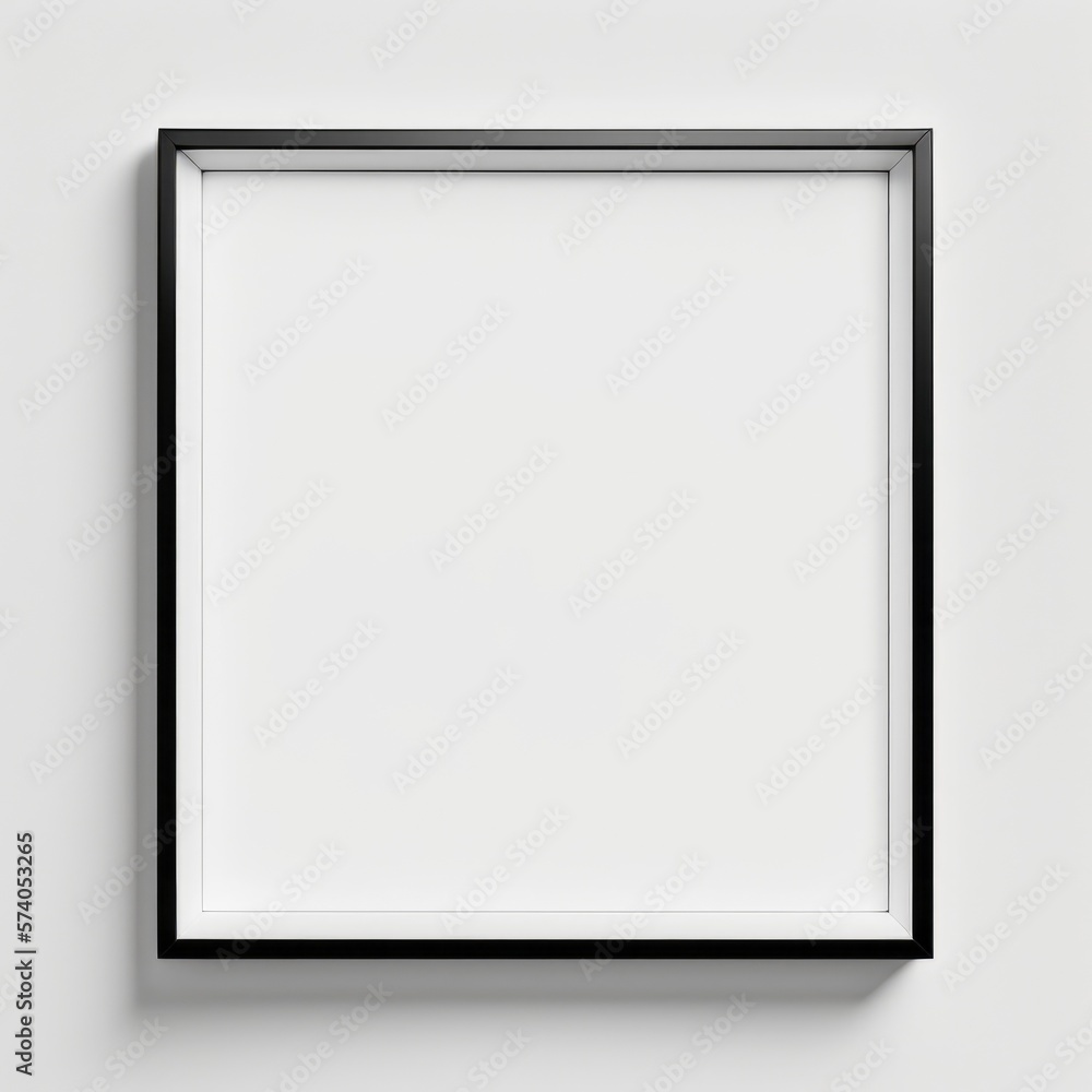 simple minimal black frame on white background wall, empty picture frame for mockup, generative ai, blank poster on wall