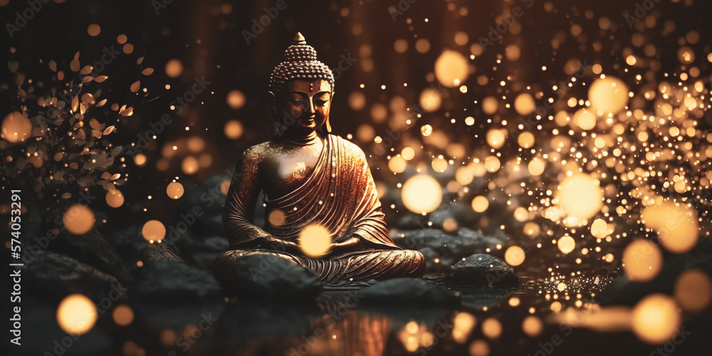 buddha statue meditation in the shiny bokeh. Generative AI - obrazy, fototapety, plakaty 