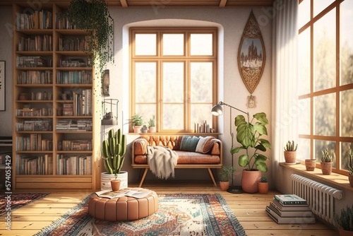 Bohemian and Scandinavian living room interior with big panoramic windows  armchair and bookshelf