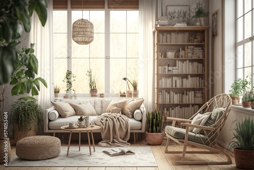 Bohemian and Scandinavian living room interior with big panoramic windows, armchair and bookshelf