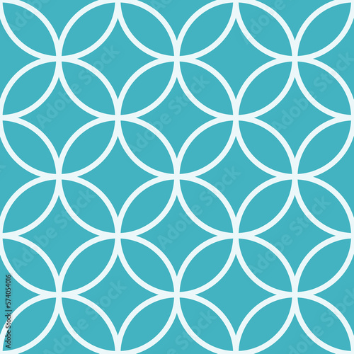  Seamless geometric pattern of white circles on blue background. Simple geo pattern. Clothing fabric print. Seamless trellis background