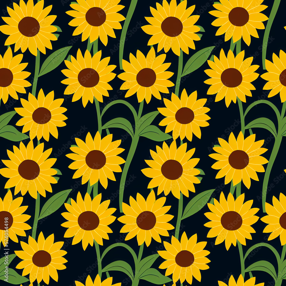 Summer Seamless pattern with sunflowers on black background. Collection decorative floral design elements. Flowers, buds and leaf. Vintage yellow sunflower background. Summer Seamless pattern with sunflowers on black background. Collection decorative floral design elements. Flowers, buds and leaf. Vintage yellow sunflower background.