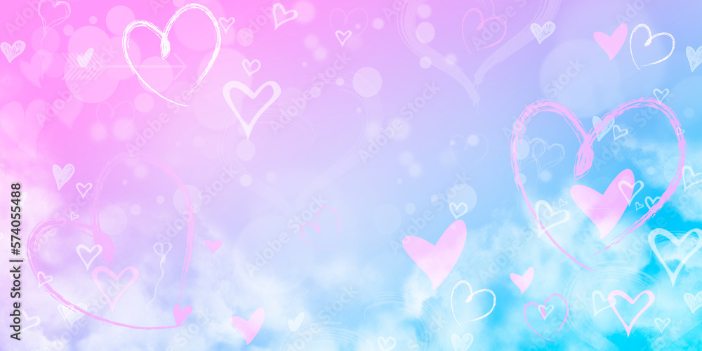 Pink blue background. Heart. Valentines day. Defocused bokeh and highlights