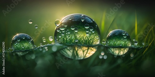 Dew drops on grass. Rain drop in grass. Green grass. Rain drops. Macro close up of fresh spring grass with early morning dew. Large beautiful drops. AI  generative.