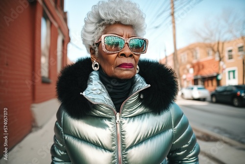 Senior street fashion. Portrait of stylish black grandma wearing sunglasses and silver clothes.
