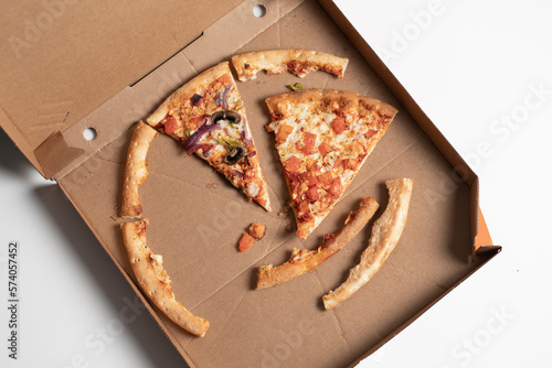 cardboard box with unfinished pizza leftovers photo