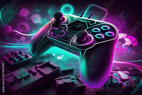 Video game controller, neon, gaming, 