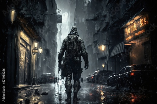 Futuristic soldier walking down a night city street. Gothic fantasy.