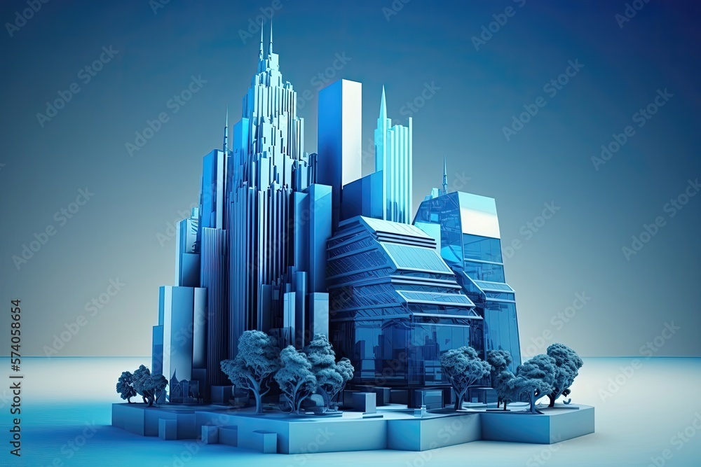 3D modern sustainable building blue background. Generative AI 3D modern sustainable building blue background. Generative AI