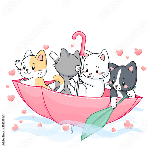 Cute pastel kittens sailing inside an umbrella with rainbow