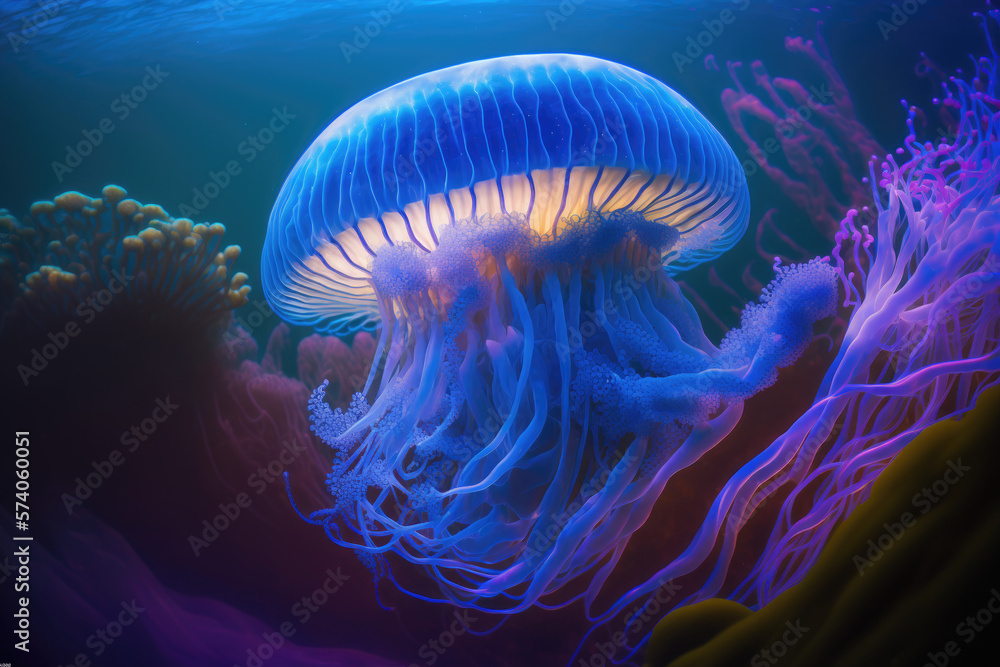Beautiful jelly fish underwater. Generative AI