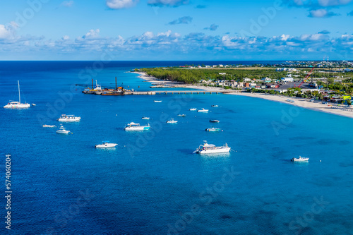 An aerial view along the coast of the island of Grand Turk on a bright sunny morning