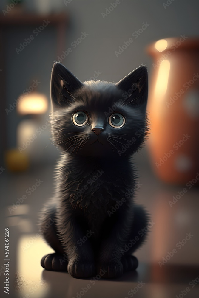 A small black cat with big eyes, a cute black kitten, a realistic 3D picture, generated with AI