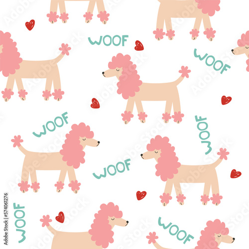 Funny pink poodle seamless pattern. Cute childish print. Vector hand drawn illustration.
