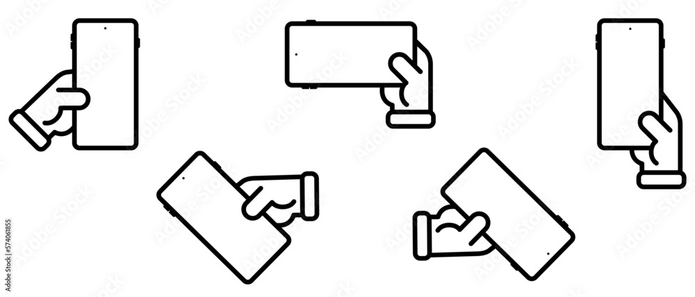 Icon set of a hand holding a cell phone with blank screen in various positions Icon set of a hand holding a cell phone with blank screen in various positions