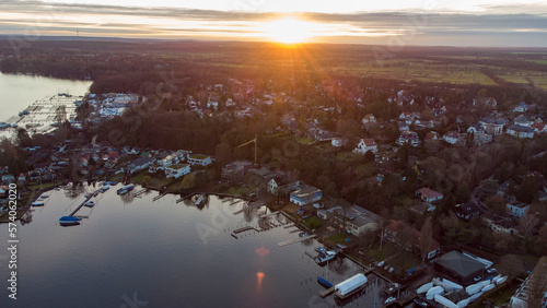 Burst of Sunshine over an aearial view of europe coastal view photo