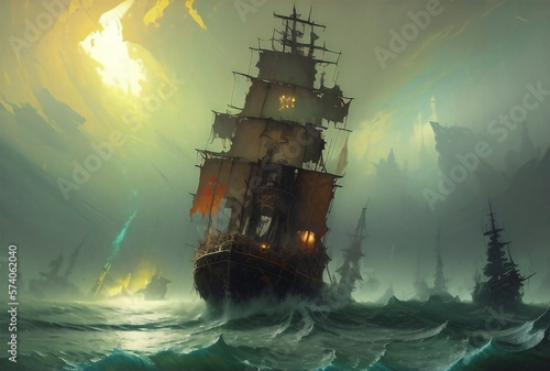 Oil Painting of a Pirate Ship in a Traditional Chinese Style (created using generative AI)