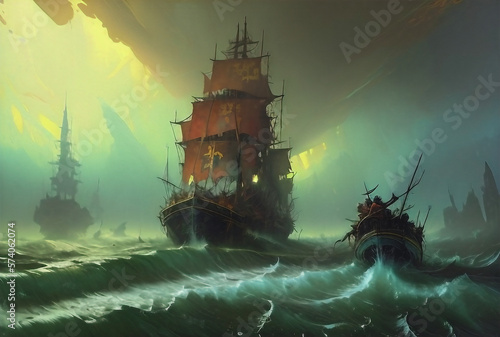 Oil Painting of a Pirate Ship in a Traditional Chinese Style (created using generative AI)