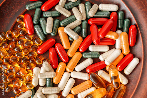heap of pills top view close-up. dietary supplements topview closeup. mental wellbeing and personal health concept