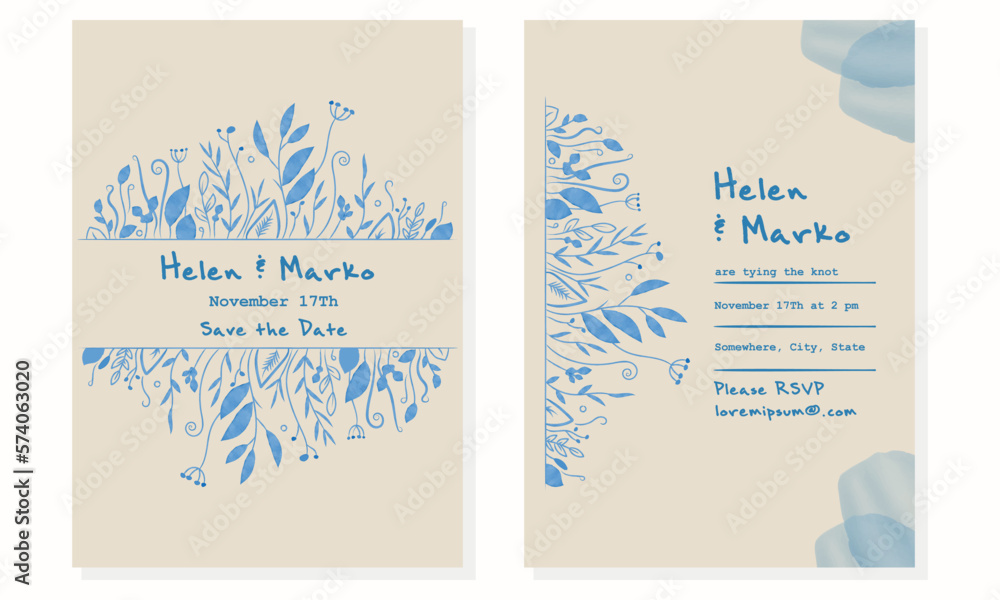 Minimalist trendy wedding invitation card design, watercolor blue line drawing on beige paper.Stylish invitation vector