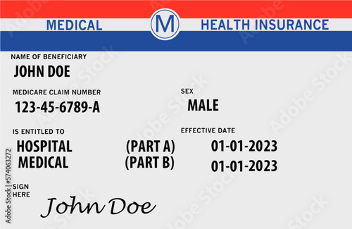 A medical insurance card that is similar to a Medicare card in appearance is seen in a 3-d illustration.