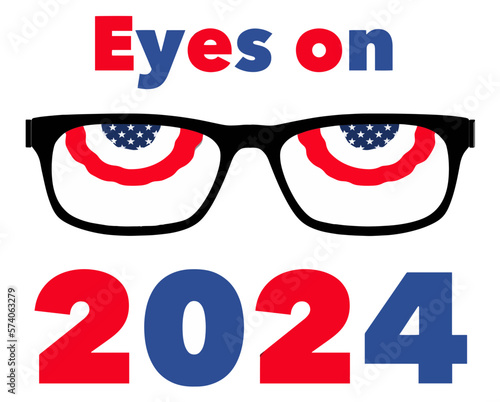 Red, white and blue bunting is seen in eyeglass frames and look like eyes in  a 3-d illustration about keeping eyes on the 2024 election campaigns.