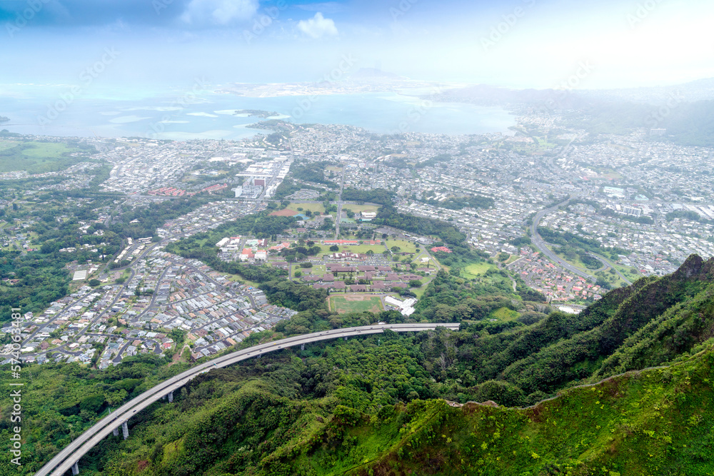 Aerial Photography,Helicopter.Hanauma Bay and stairway to heaven hike.Honolulu,Oahu,Hawaii,USAAloha Shirt Store,Waikiki