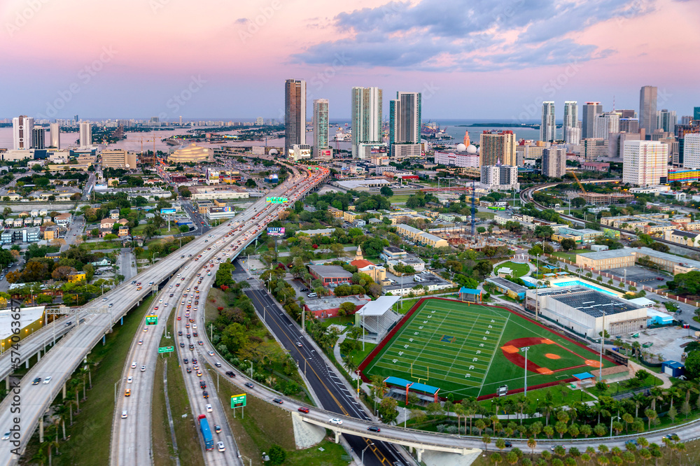 Fototapeta premium Downtown,Mc Arthur Causeway,Aerial, .Miami,Miami Beach South Florida,USA