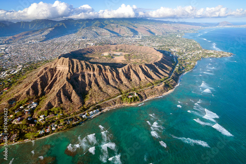 Aerial Photography,Helicopter.Diamond Head Crater.Honolulu,Oahu,Hawaii,USAAloha Shirt Store,Waikiki