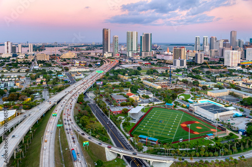 Downtown Mc Arthur Causeway Aerial  .Miami Miami Beach South Florida USA