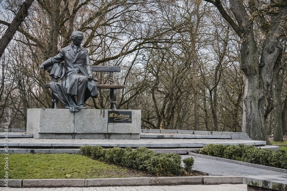 T. Shevchenko, a stone monument to the great Ukrainian poet and writer, in the city park of the city of Chernihiv
