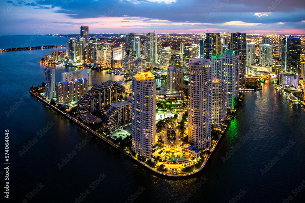 Fototapeta premium Brickell Key and Downtown,Mandarin Oriental and Intercontinental Hotel,.Aerial View,Miami,South Florida,Dade,Florida,USA