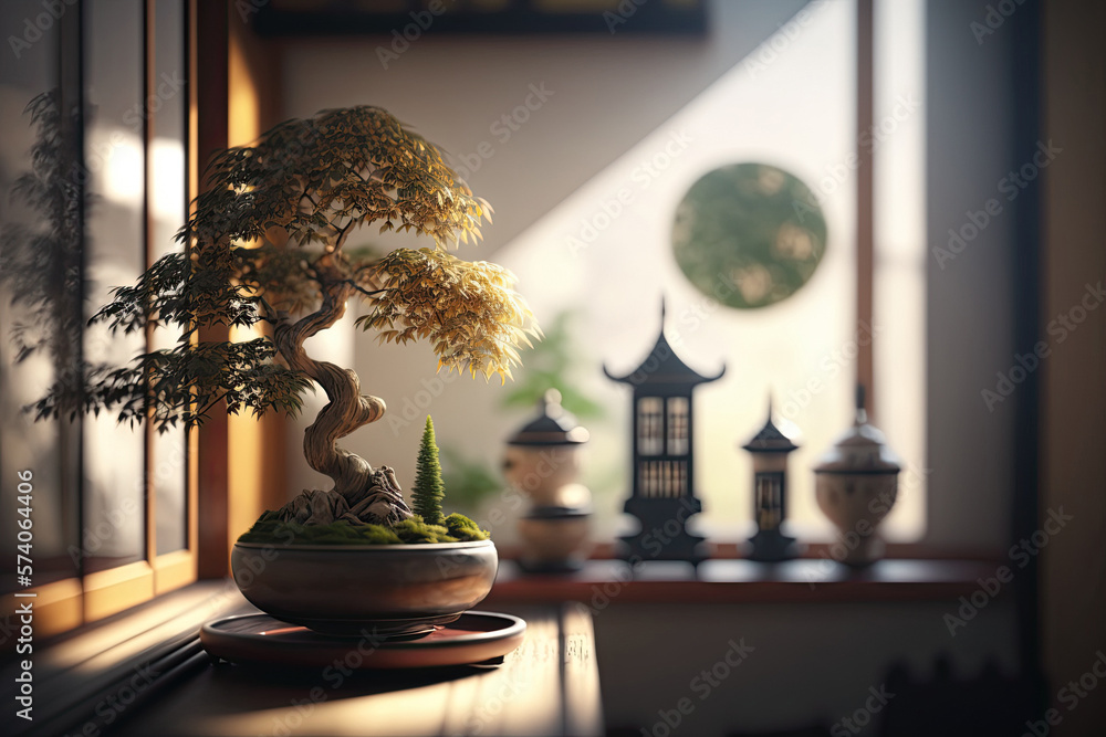 Home living room interior design in traditional Zen Japanese style with traditional Japanese Bonsai tree. Copy space, selected focus. Photorealism. Generative AI Home living room interior design in traditional Zen Japanese style with traditional Japanese Bonsai tree. Copy space, selected focus. Photorealism. Generative AI