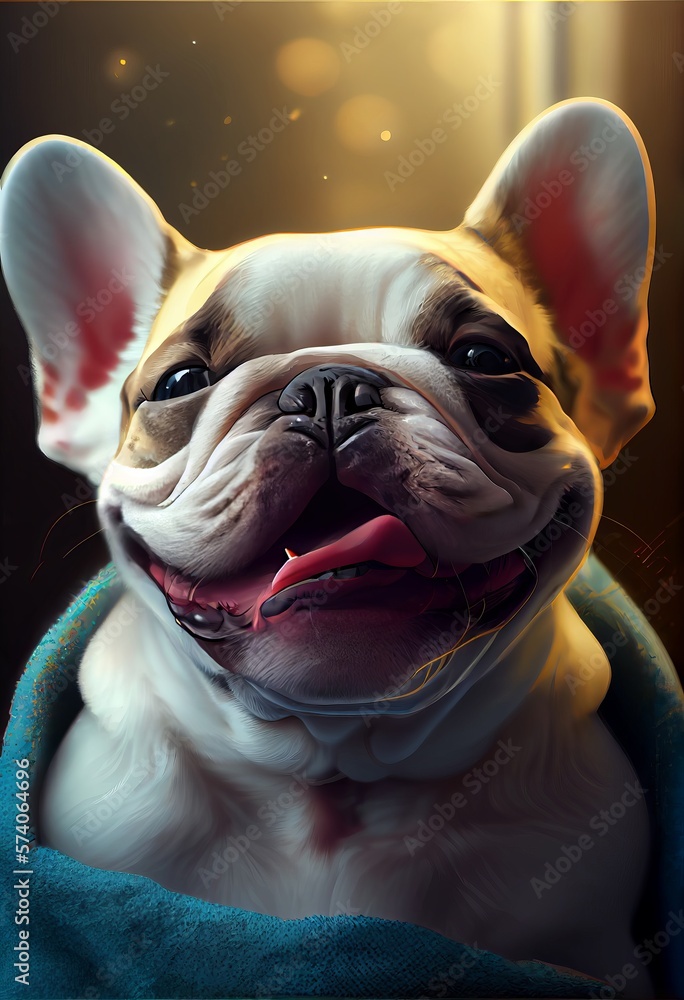 Portrait of happy a French bulldog, lie in plaid