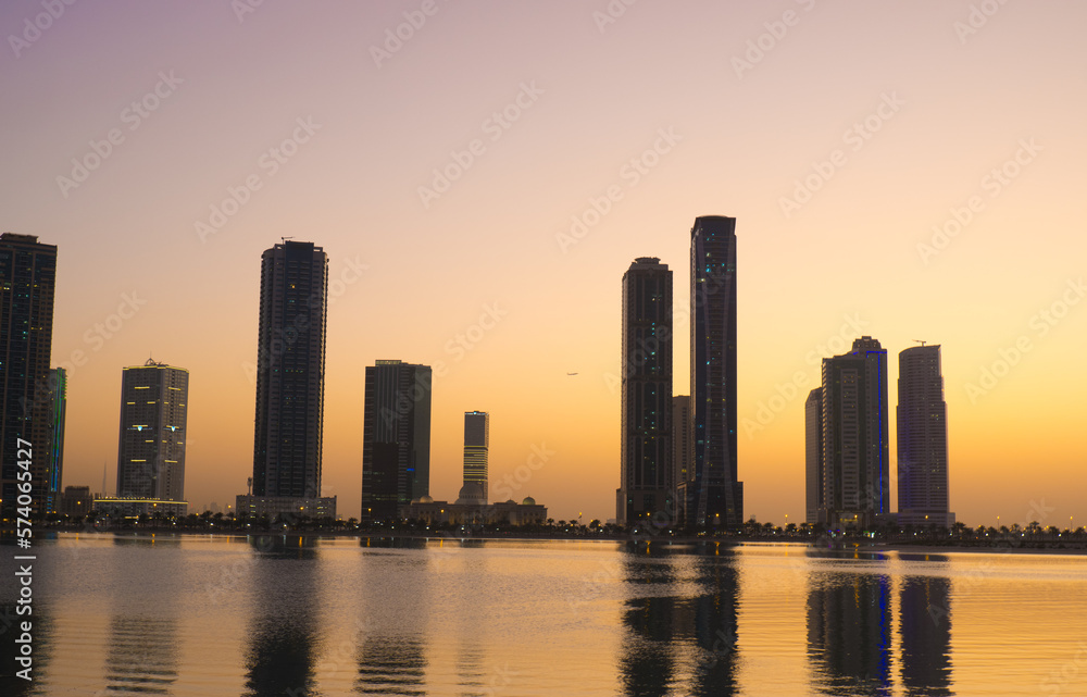 Night landscape of the embankment of the emirate of Sharjah, United Arab Emirates
