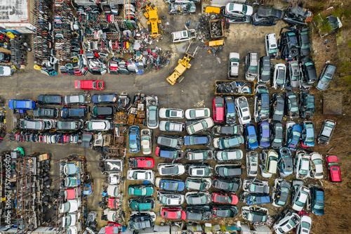 Cars in a junkyard from above