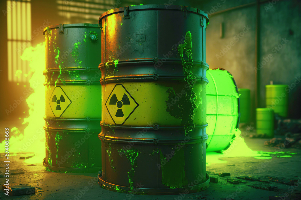 Radioactive waste in barrels, radiation storage. Created with Generative AI technology. - obrazy, fototapety, plakaty 