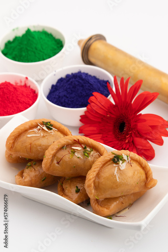 Gujia Also Called Gujiya, Pirukiya, Pirukia, Pedakiya, Karanji, Basundi Or Gughra Stuffed With Mawa, Khoya, Chasni, Mava, Khoa - Indian Sweet Dumpling Enjoyed On Deepawali, Teez, Holi, Diwali And Teej photo