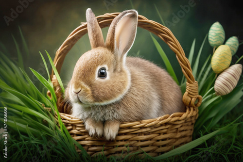 Fluffy rabbit sitting in Easter basket in the grass. Created with Generative AI technology.