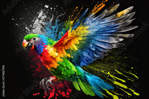 Colorful Parrot in a Splash of Paint. Created with Generative AI technology.