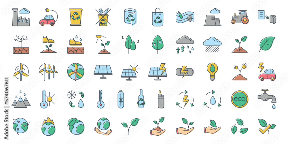 Big Set of vector isolated flat eco icons. The concept of environmental conservation, human harm to nature. Big Set of vector isolated flat eco icons. The concept of environmental conservation, human harm to nature.