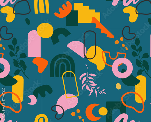 Minimalistic seamless abstract pattern with floral elements on a dark green background. A large collection of elements, unusual shapes in an artistic style, hand-drawn.